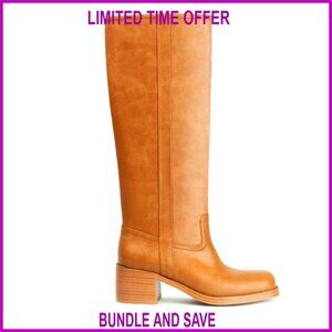 Faux Leather Knee High Boots Square Toe Chunky Block Heel Pull On Wide Calf